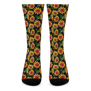 Black Autumn Sunflower Pattern Print Crew Socks