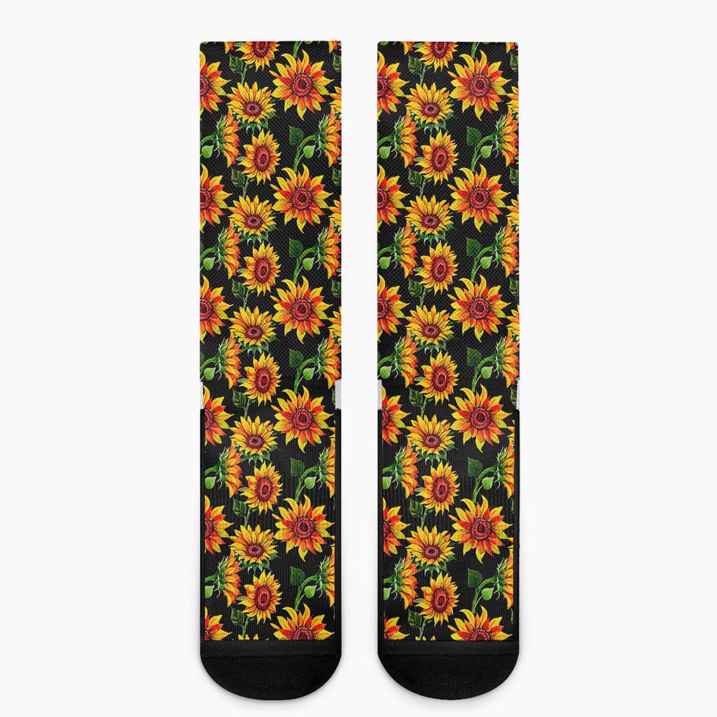 Black Autumn Sunflower Pattern Print Crew Socks