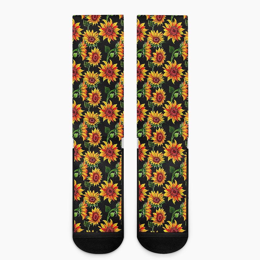 Black Autumn Sunflower Pattern Print Crew Socks