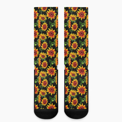 Black Autumn Sunflower Pattern Print Crew Socks