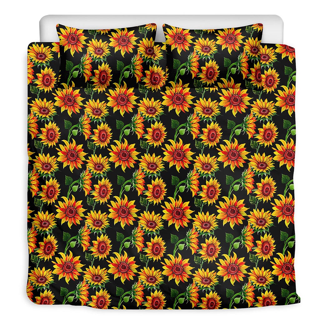 Black Autumn Sunflower Pattern Print Duvet Cover Bedding Set