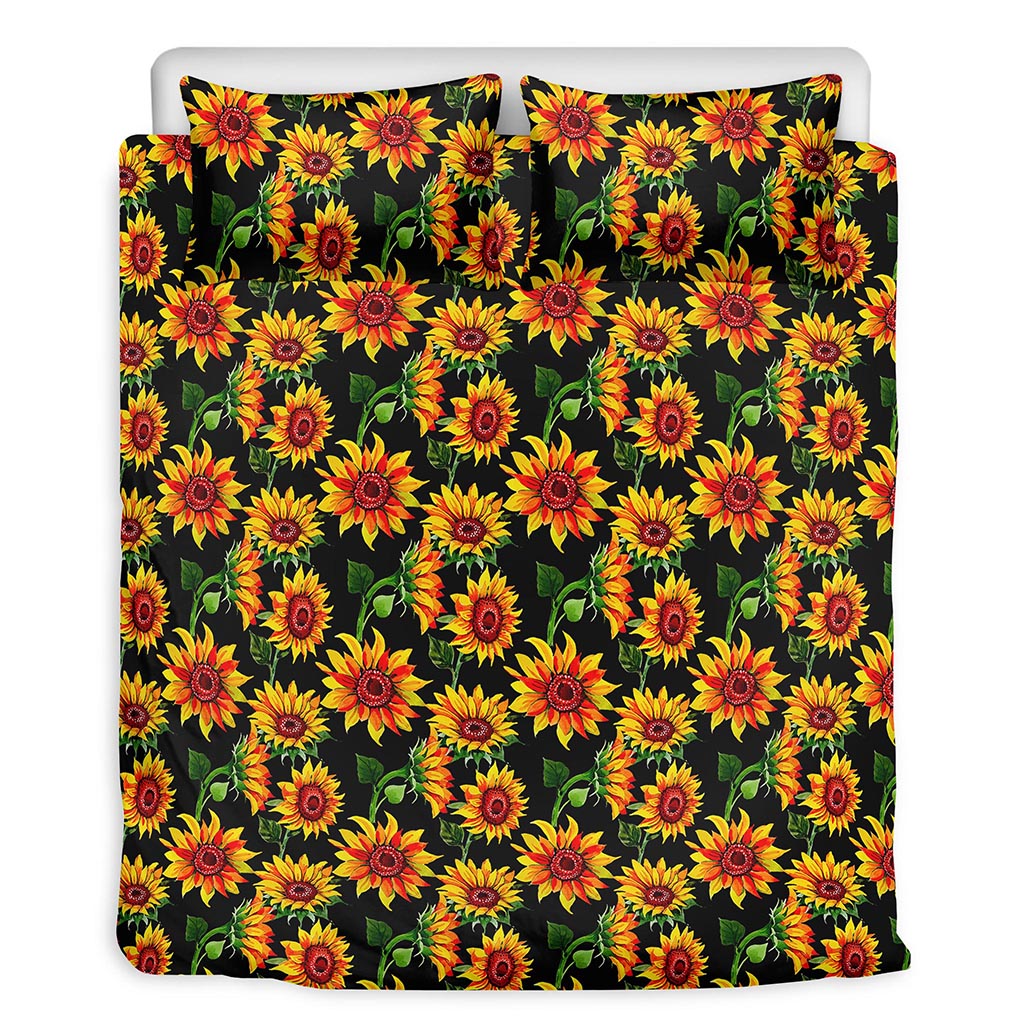 Black Autumn Sunflower Pattern Print Duvet Cover Bedding Set