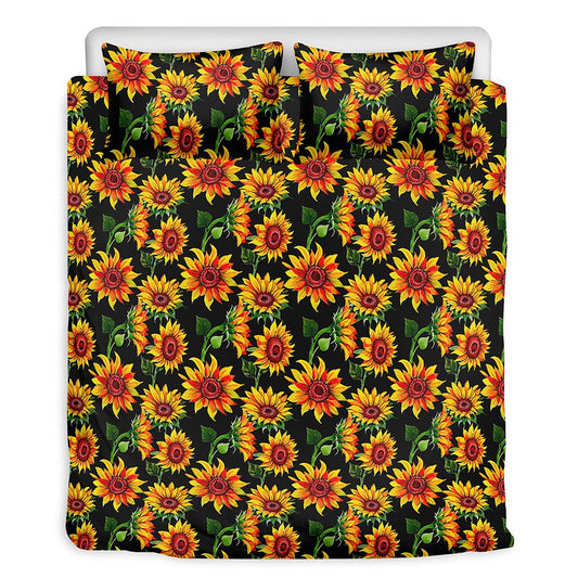 Black Autumn Sunflower Pattern Print Duvet Cover Bedding Set