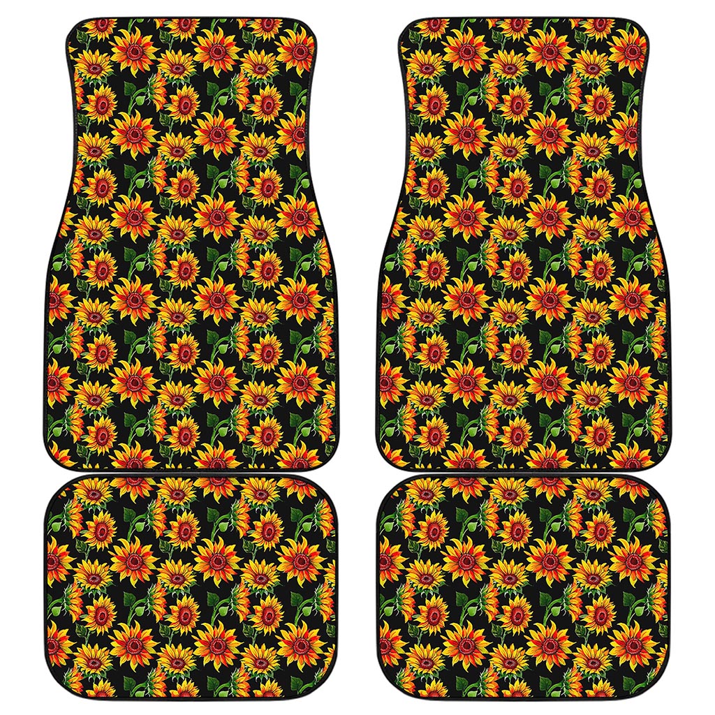 Black Autumn Sunflower Pattern Print Front and Back Car Floor Mats