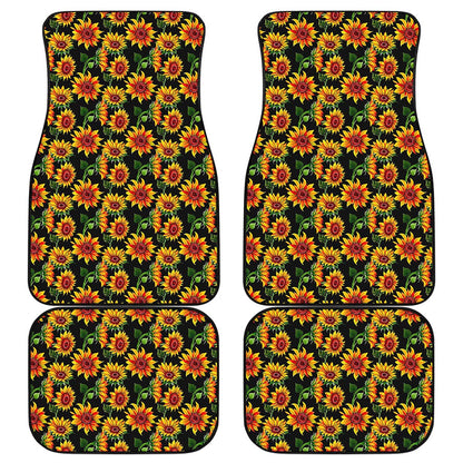 Black Autumn Sunflower Pattern Print Front and Back Car Floor Mats