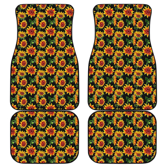 Black Autumn Sunflower Pattern Print Front and Back Car Floor Mats