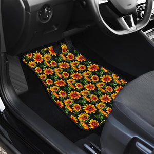 Black Autumn Sunflower Pattern Print Front and Back Car Floor Mats