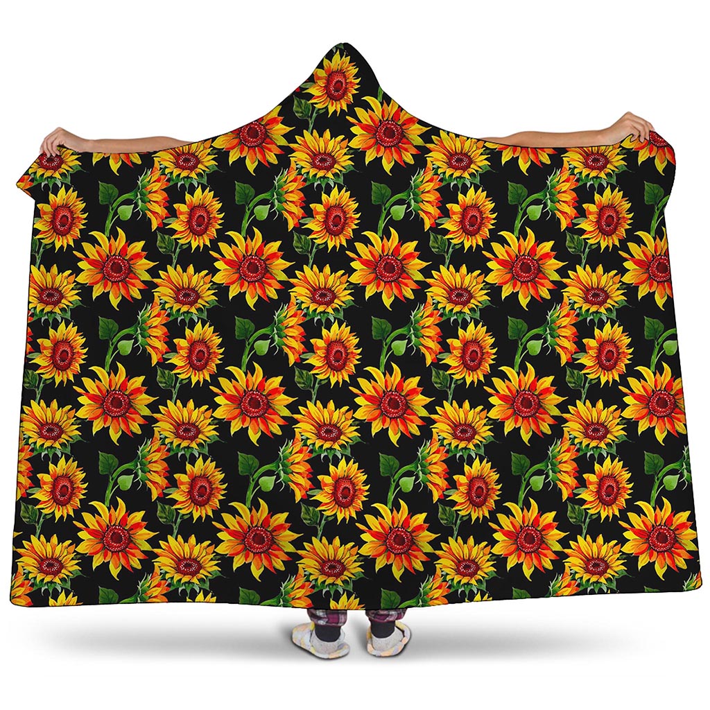 Black Autumn Sunflower Pattern Print Hooded Blanket