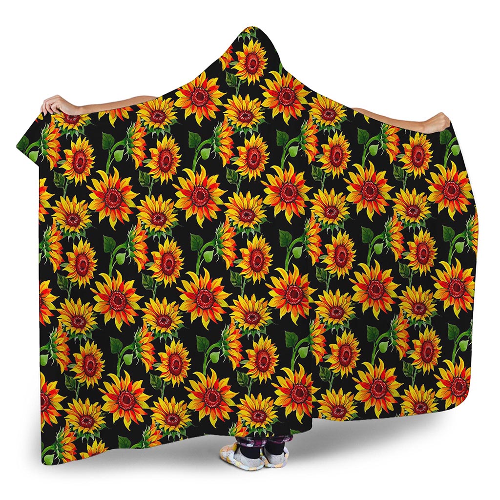 Black Autumn Sunflower Pattern Print Hooded Blanket
