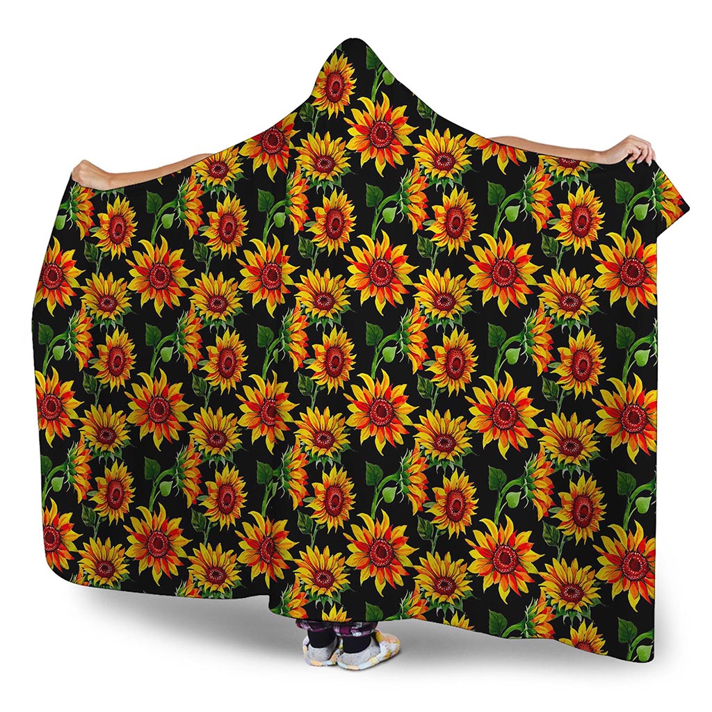 Black Autumn Sunflower Pattern Print Hooded Blanket