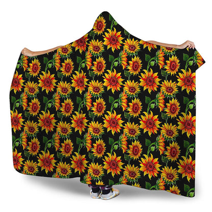 Black Autumn Sunflower Pattern Print Hooded Blanket