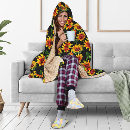 Black Autumn Sunflower Pattern Print Hooded Blanket