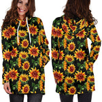 Black Autumn Sunflower Pattern Print Hoodie Dress GearFrost