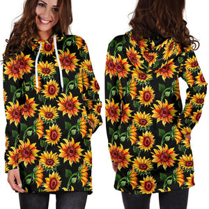 Black Autumn Sunflower Pattern Print Hoodie Dress GearFrost