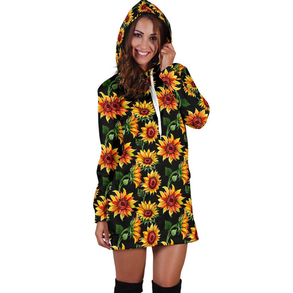 Black Autumn Sunflower Pattern Print Hoodie Dress GearFrost