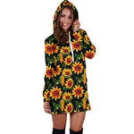 Black Autumn Sunflower Pattern Print Hoodie Dress GearFrost