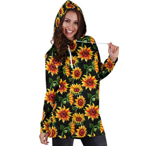 Black Autumn Sunflower Pattern Print Hoodie Dress GearFrost