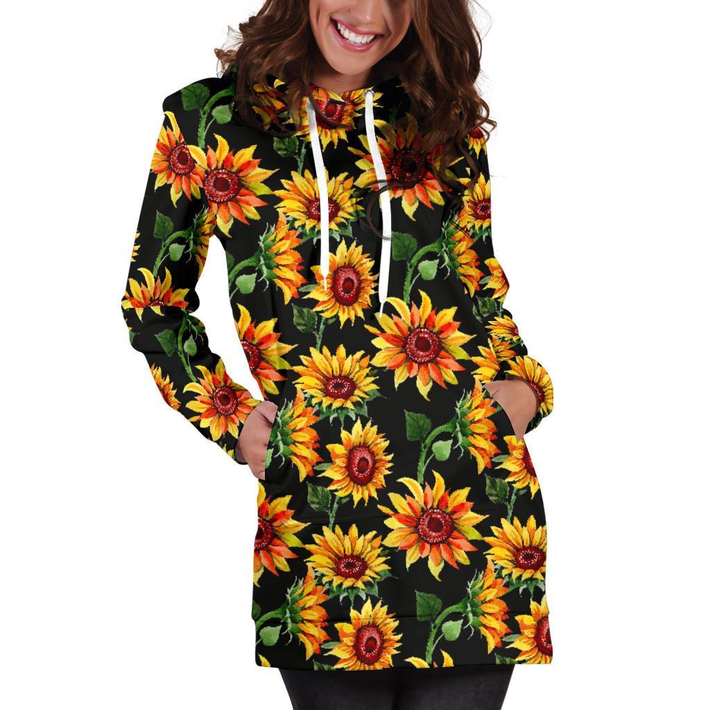 Black Autumn Sunflower Pattern Print Hoodie Dress GearFrost