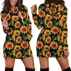Black Autumn Sunflower Pattern Print Hoodie Dress GearFrost