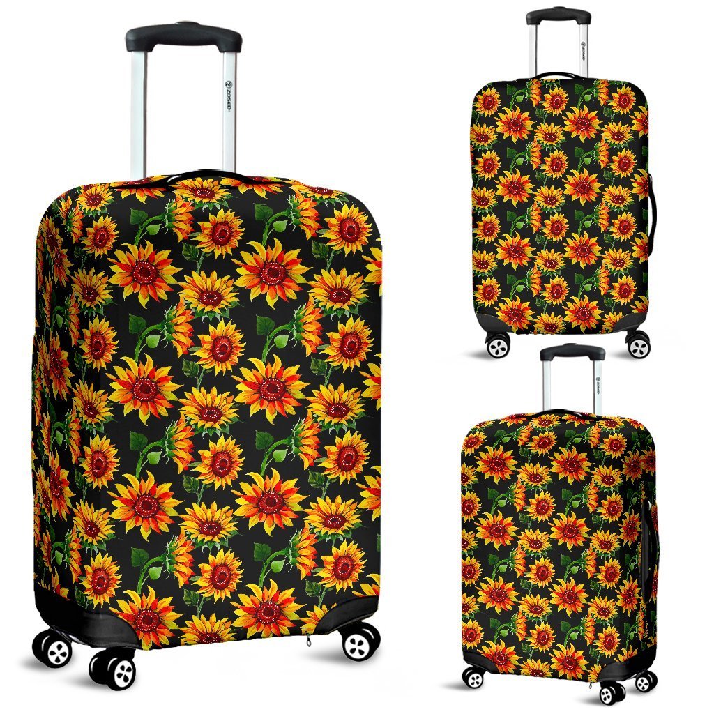 Black Autumn Sunflower Pattern Print Luggage Cover GearFrost