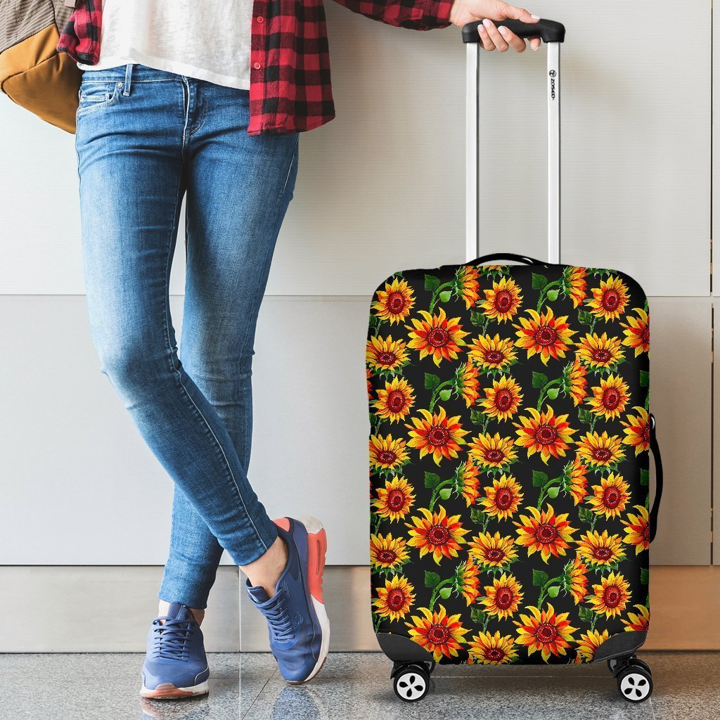 Black Autumn Sunflower Pattern Print Luggage Cover GearFrost