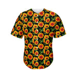 Black Autumn Sunflower Pattern Print Men's Baseball Jersey