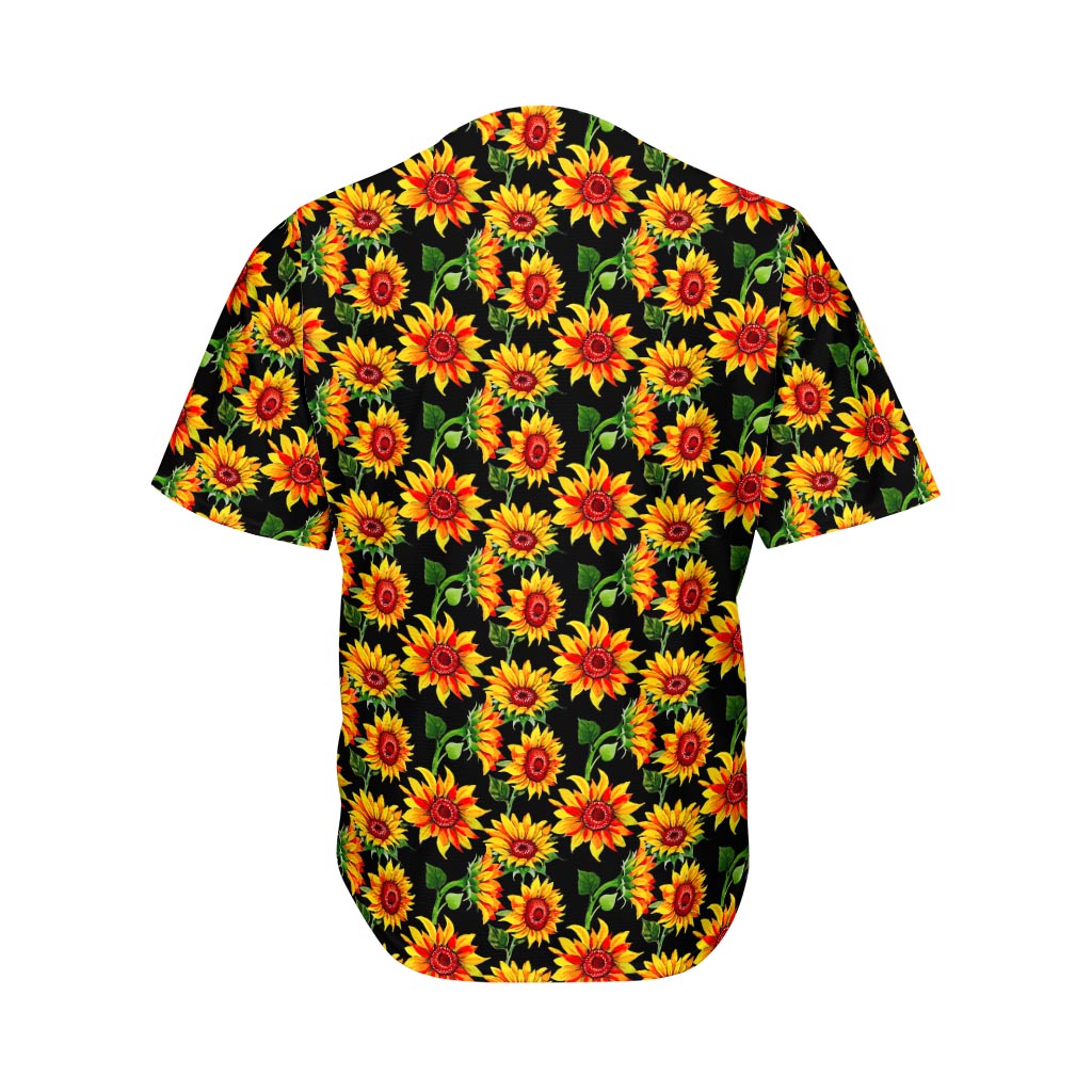 Black Autumn Sunflower Pattern Print Men's Baseball Jersey