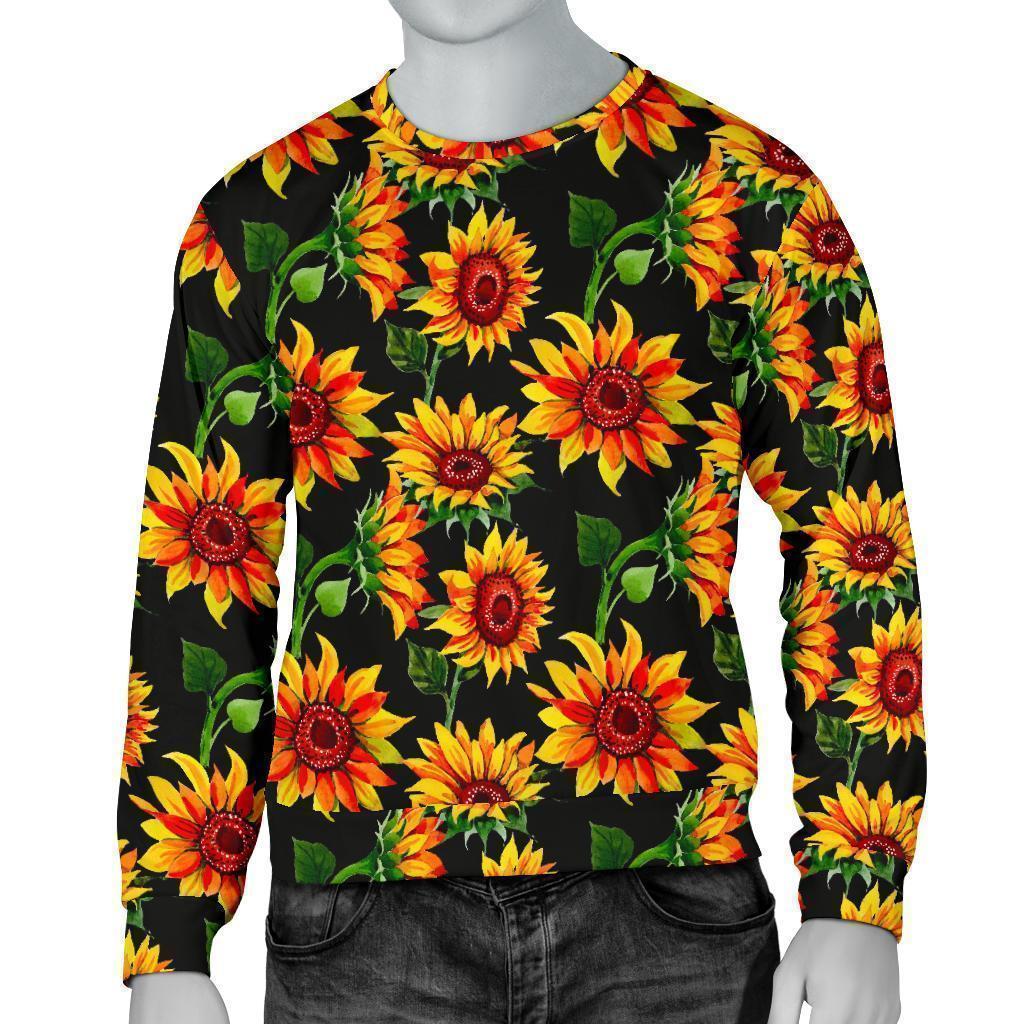 Black Autumn Sunflower Pattern Print Men's Crewneck Sweatshirt GearFrost