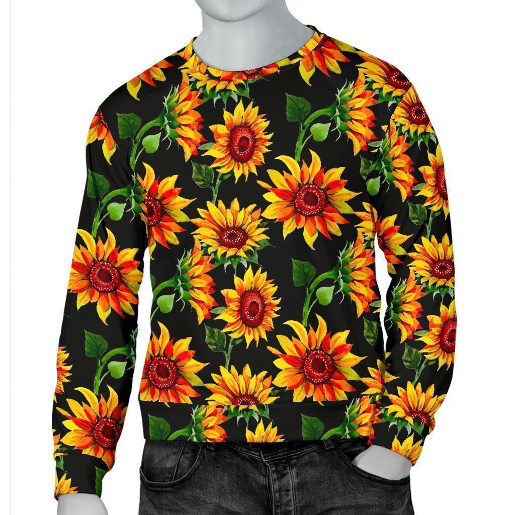 Black Autumn Sunflower Pattern Print Men's Crewneck Sweatshirt GearFrost