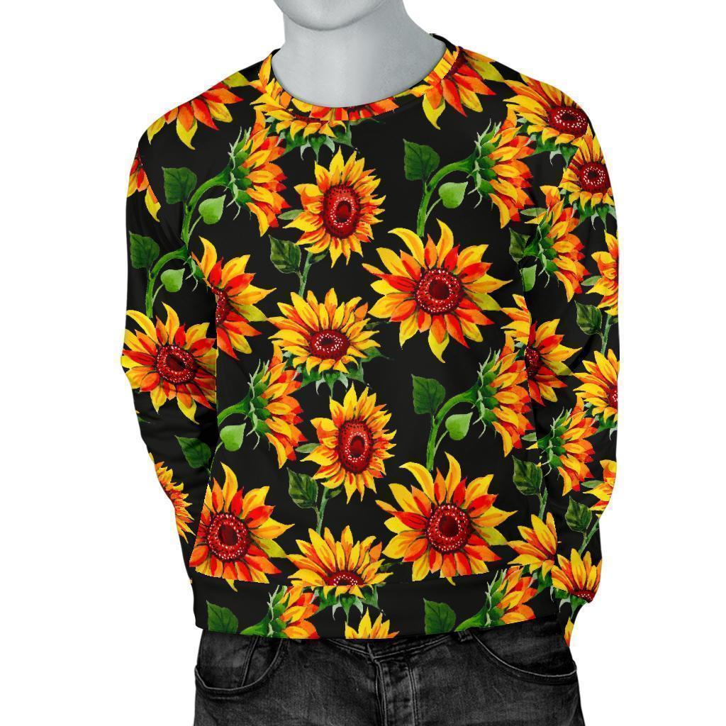 Black Autumn Sunflower Pattern Print Men's Crewneck Sweatshirt GearFrost