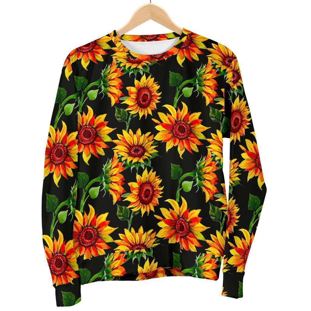 Black Autumn Sunflower Pattern Print Men's Crewneck Sweatshirt GearFrost