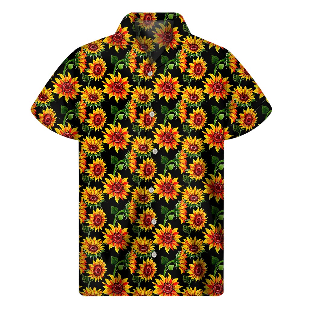 Black Autumn Sunflower Pattern Print Men's Short Sleeve Shirt