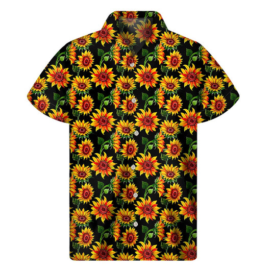 Black Autumn Sunflower Pattern Print Men's Short Sleeve Shirt