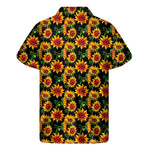 Black Autumn Sunflower Pattern Print Men's Short Sleeve Shirt