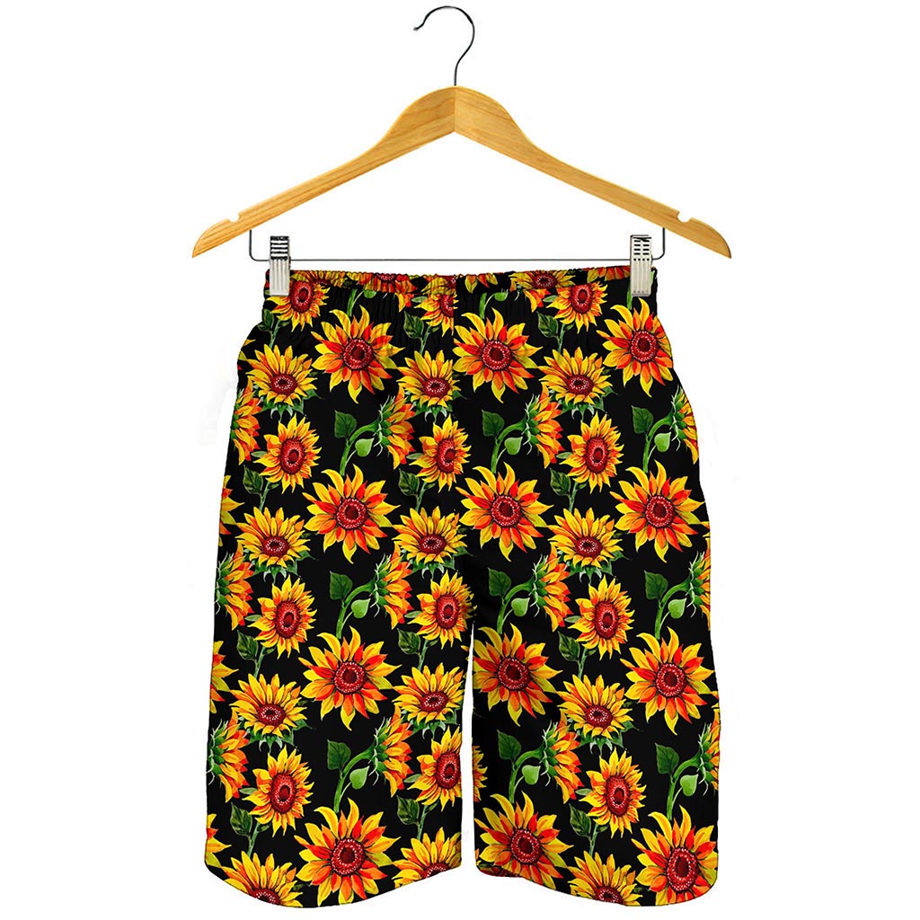 Black Autumn Sunflower Pattern Print Men's Shorts