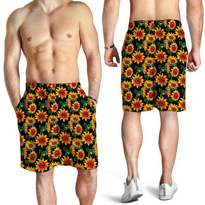 Black Autumn Sunflower Pattern Print Men's Shorts