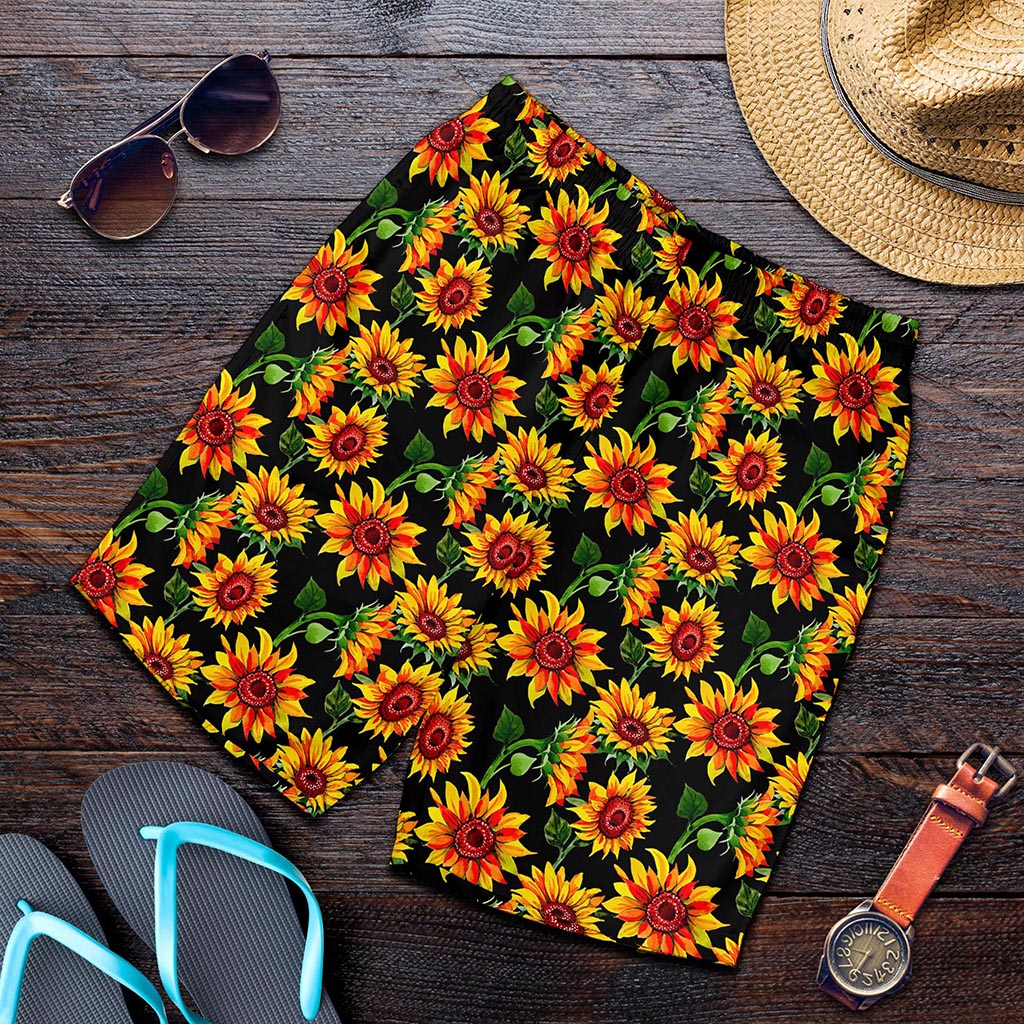Black Autumn Sunflower Pattern Print Men's Shorts