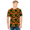 Black Autumn Sunflower Pattern Print Men's T-Shirt