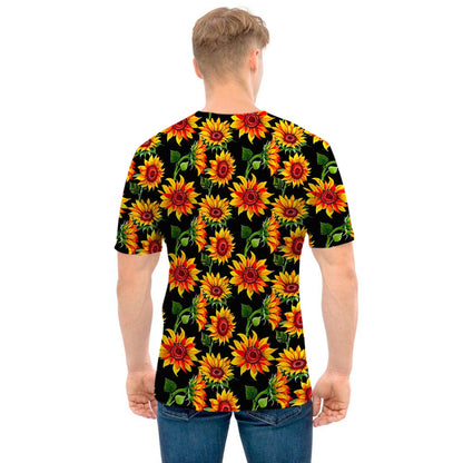 Black Autumn Sunflower Pattern Print Men's T-Shirt