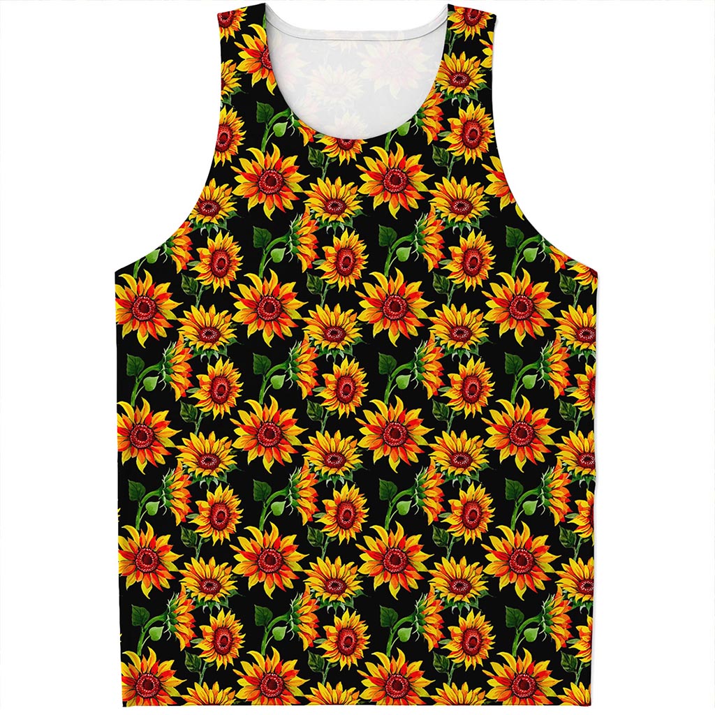 Black Autumn Sunflower Pattern Print Men's Tank Top