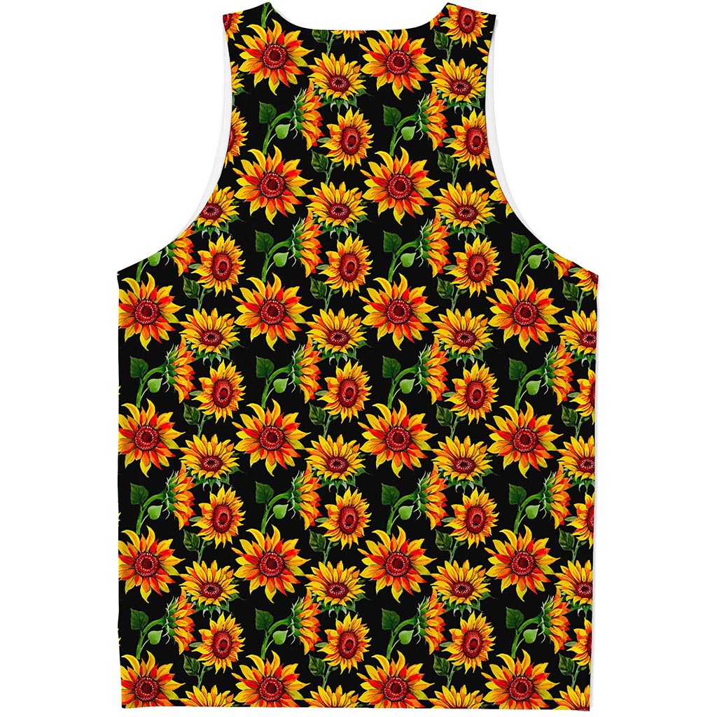 Black Autumn Sunflower Pattern Print Men's Tank Top