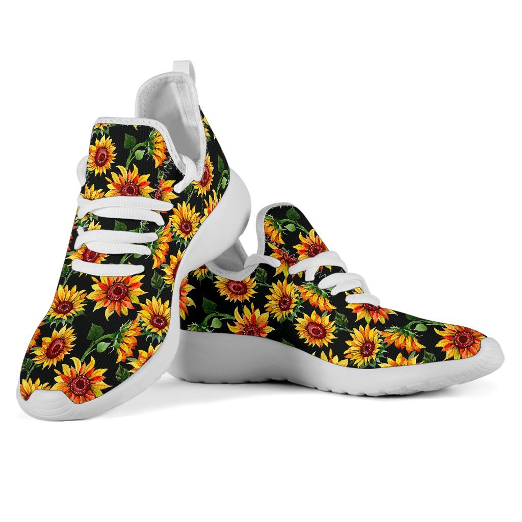 Black Autumn Sunflower Pattern Print Mesh Knit Shoes GearFrost