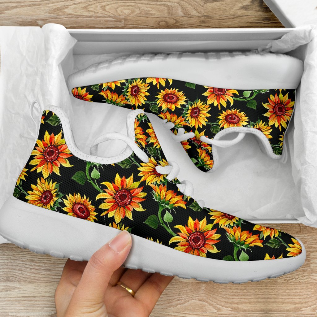 Black Autumn Sunflower Pattern Print Mesh Knit Shoes GearFrost