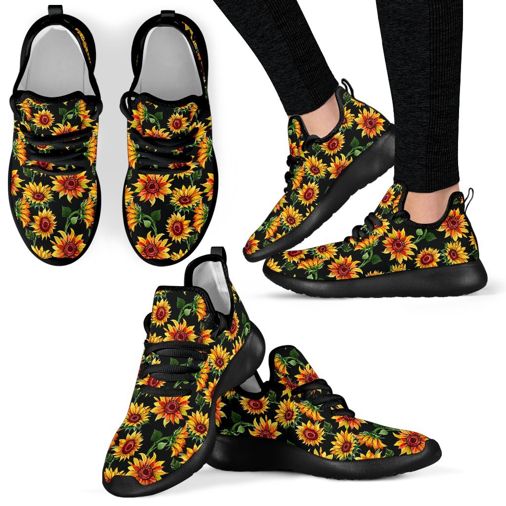 Black Autumn Sunflower Pattern Print Mesh Knit Shoes GearFrost