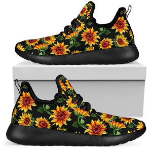 Black Autumn Sunflower Pattern Print Mesh Knit Shoes GearFrost