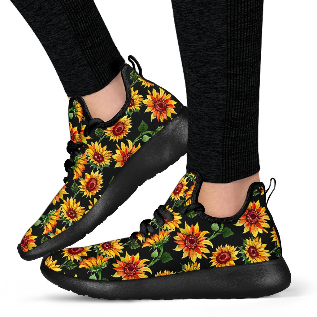 Black Autumn Sunflower Pattern Print Mesh Knit Shoes GearFrost