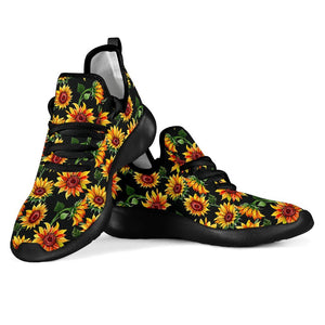 Black Autumn Sunflower Pattern Print Mesh Knit Shoes GearFrost