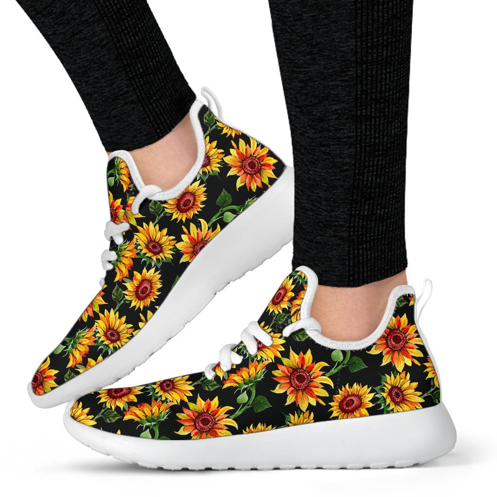 Black Autumn Sunflower Pattern Print Mesh Knit Shoes GearFrost