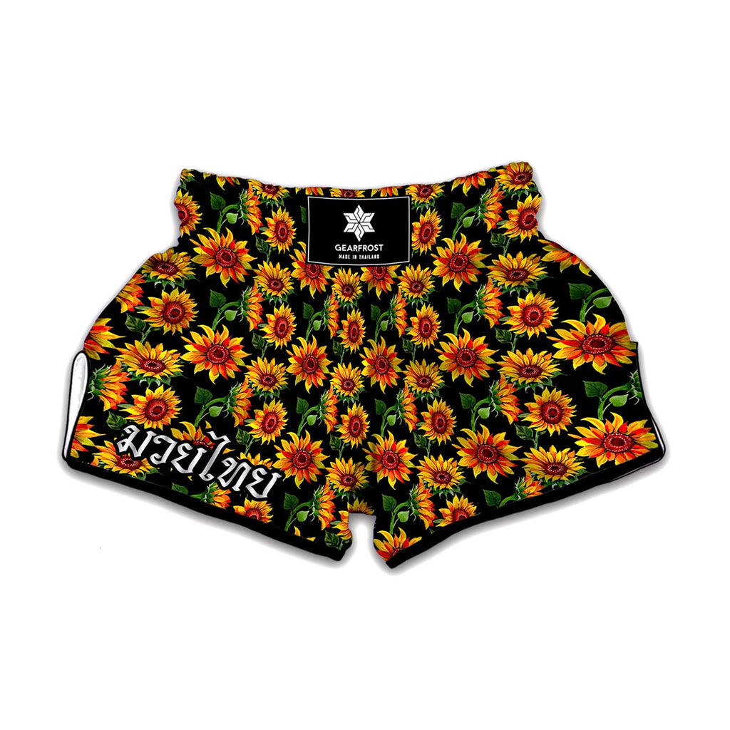 Black Autumn Sunflower Pattern Print Muay Thai Boxing Shorts