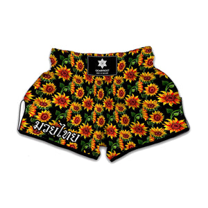 Black Autumn Sunflower Pattern Print Muay Thai Boxing Shorts